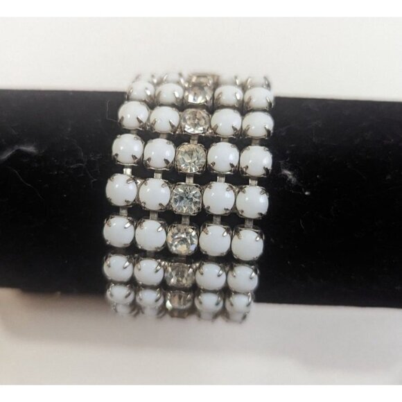 Vintage bracelet rhinestone and white beads statement Estate 7 inch - Picture 6 of 11